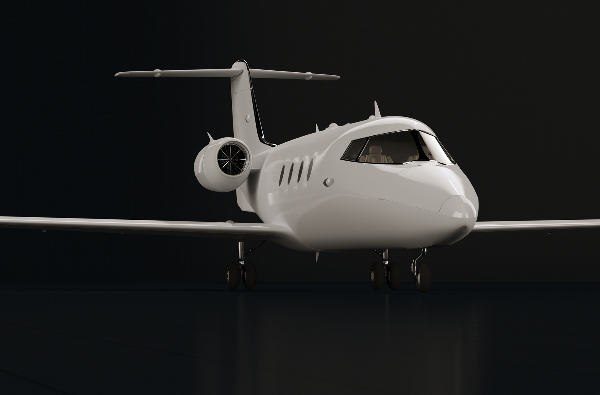 Sleek private jet on a black reflective surface.